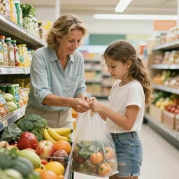 hyperrealistic My fourth grade teacher Mrs Collins bagging groceries in the summer, high detail, dreamlike