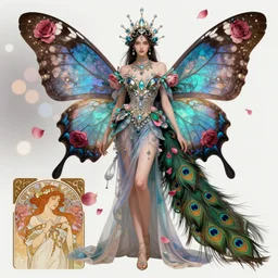 Character concept spot illustrations of fashion with butterfly wings and peacock tail feathers and rose petals motifs as accents and as an aesthetic, color theory, full-body, bloom, dynamic poses, diaphanous cloth, intricate crystalline and feather jewelry, ornate, filigree, arcane, cinematic lighting, by Artgerm, by Alphonse Mucha, by Bouguereau, by Sakimichan, fantasy, portfolio illustration, highly detailed, trending on Artstation, CGsociety, HQ, 8k, 35mm lens, f2.8, Bokeh,
