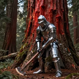 thick gothic knight chopping a gigantic redwood tree high quality trending on ArtStation