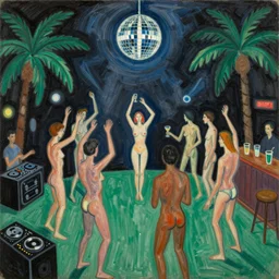 henri matisse. close up of sketched humans underground raving standing in circle in a club. a chaotic scenery. palm trees and dj equipment, music, a bar with drinks. slight, fine contours of faces, arms, bodes. disco ball overhead. the floor is green. crazy lights. dark background. jumping. minimalistic color palette. fine brush strokes. horizon