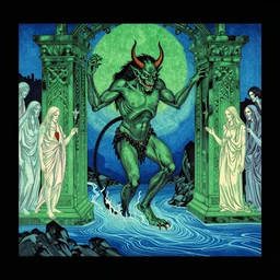 A photograph of a hellspawn demon greeting souls of sinners at the gates of the River Styx by Dan Mumford and Josan Gonzalez: 1, black border: 0.75, by Utagawa Kuniyoshi and Stephen Gammell: 0.5, vibrant: 0.75, psychedelic, green: 0.25, blue: 0.25