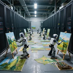 dramatic photo of several robots painting natural landscapes on many canvases in an art warehouse, cinematic lighting, wide angle, servers