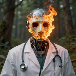 An album cover, fire, mask, stethoscope!, (doctor), 3d render, robot!, (unreal engine), (rust), photograph, portrait, painting, ((forest))