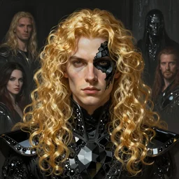 if gilded black obsidian glass was a man, long fluffy golden blonde curly hair, digital painting, sci-fi setting, symmetrical features, Daniel Gerhartz, high detail intricate, artstation, WLOP, Artgerm, J. Scott Campbell; Olivia De Berardinis, Daniel Gerhartz, jack kirby, mysterious vibes