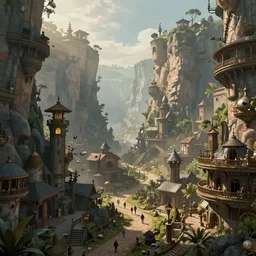 an intricate steampunk village in a glorius canyon, morning light, moebius, zeen chin, landscape, cinematic, matte painting, high definition, 8 k, artstation