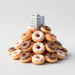 a mountain of donuts inside of an empty 9 0 s office building with no windows doors or furniture the building has brown carpet and yellow wallpaper