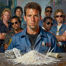 an oil painting portrait of crockett and tubbs in eighties miami vice, ultra realistic, highly detailed faces, true to life, masterpiece, cinematic by frank frazetta, greg rutkowski, beeple, yoko taro, christian macnevin, beeple, wlop, krenz cushart, pile of cocaine with evidence tag, epic fantasy character art, volumetric lighting