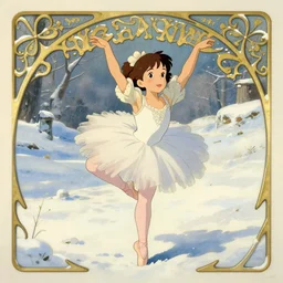 well - lit art nouveau portrait of a 1 3 - year old ballet girl dancing in the snow, natural lighting, path traced, highly detailed, high quality, cartoon, digital painting, by don bluth and ross tran and studio ghibli