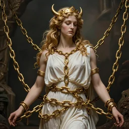 a realistic Greek god ,twisted in the depths of hell , tied down with chains made of gold, dream like atmosphere,