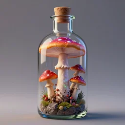 a large vintage glass bottle with beautiful psychedelic amanita muscaria mushroom inside, 3D Render, Octane, 4k, unreal engine,