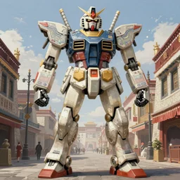 painted image of gundam giant robot, four arms, standing in the middle of the tibetan town street, upper body, fantasy intricate elegant extremely detailed digital painting trending artstation concept art sharp focus illustration art by gustave courbet greg rutkowski craig mullins