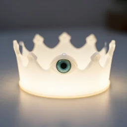 a glowing crown sitting on a table with one beautiful eye mounted on it like a jewel, night, bold black lines, flat colors, minimal 1 9 6 0 s poster illustration