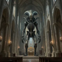digital painting of church interior designed by H R Giger, H.R. Giger style, Alien, Necronomicon, concept art, matte painting, digital painting, realism, 8K, RAW, unedited, symmetrical balance, in-frame