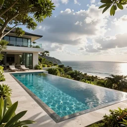 infinity pool, lush landscaping, modern mansion overlooking the ocean, photo