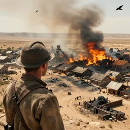 Cinematic reverse aerial angle telephoto f2.8 iso 640 over the shoulder of a battle-worn survivor looking over a mid 1800s coal-mining town on fire in the sweltering desert heat, crows in the sky. Photorealistic, award winning, ultra high resolution, intricate details, UHD 8K