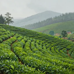 a beautifully rendered matte landscape painting of tea plantation, it is raining by andreas rocha and john howe and lee madgwick, 8 k, f 1 6, trending on artstation,