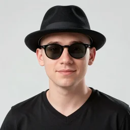 pixar movie still close - up portrait photo of bald white young man wearing a black v - neck shirt, black ray - bans, black fedora, large nose : : sf, facing the camera, wide smile, sharp features : : by greg rutkowski, wlop, artgerm, weta, marvel, unreal engine, gq magazine cover : :