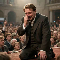 close up photo of joseph stalin standing on his knees, crying so bad, and asking for forgiveness from hundreds of thousands of people