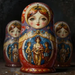 is a stunning, breathtaking, awe-inspiring award-winning conceptual Art Nouveau painting with an attractive matryoshka as the sun god, with disturbing, piercing eyes, Alphonse Mucha, Michael Whelan, William Adolphe Bouguereau, John Williams Waterhouse and Donato Giancola, cyberpunk, extremely gloomy lighting, shining light and shadow, atmospheric, cinematic, unreal Engine, 8K