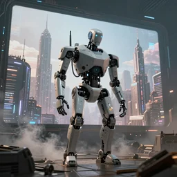 apocalyptic, a robot is planing the creation of a new future city on a big screen. smoke. volumetric lighting, sharp focus, ultra detailed, cgsociety - w 1 0 2 4 - n 8 - i