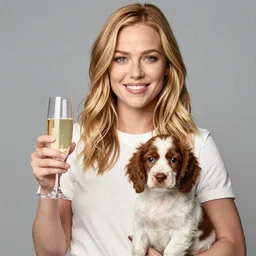reese witherspoon with glass of champagne in her hand and a spaniel puppy on her lap. art nouveau. art by mucha