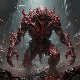 concept art by greg rutkowski, a hideous monster made of twisted flesh and reddish ooze, claustrophobic and futuristic, brutalistic environment, scifi, detailed and intricate environment, high technology, highly detailed portrait, digital painting, artstation, concept art, smooth, sharp foccus ilustration, artstation hq.