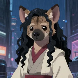 character portrait of a female anthro hyena fursona with a cute beautiful attractive furry face and long black curly hair wearing jedi robes in a cyberpunk city at night while it rains. hidari, color page, tankoban, 4K, tone mapping, Akihiko Yoshida.