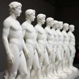 a line of white stone male statures lined up