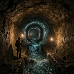 an adventurer with a torch stands in a long twisting sewer tunnel. a waist - deep stream with brackish water flows through. fantasy art, underground, crumbling masonry, bleak, sewage falling from grates, abandoned spaces, torchlight. concept art for darkest dungeon.