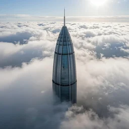lateral view from above the clouds. Megastructure tower arcology piercing through dense clouds into the sunny stratosphere.