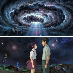 a cosmic storm in space by dan mumford and makoto shinkai and moebius, 8k, cel-shaded, comic book panel, volumetric lighting, unreal engine, vibrant colors