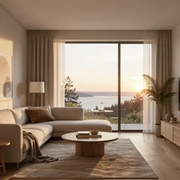 detailed render of scandinavian interior volumetric lighting sundown by Greg Rutkowski and Agnieszka Wozniak trending on Artstation 8k
