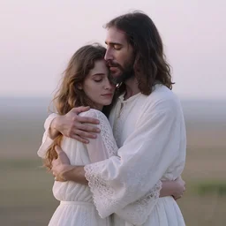 jesus hugging a woman, spirit hugs, in style of paolo roversi, britt marling style 3 / 4, a beautiful ethereal lace white robe, 8 k, soft focus, soft light, volumetric lighting, highly detailed realistic, refined, highly detailed, natural outdoor soft pastel lighting colors scheme