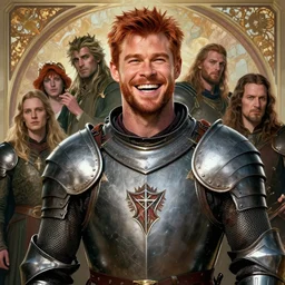 stunning portrait of ( ( laughing ) ) ( ( ( ( red haired chris hemsworth ) ) ) ) as destruction from sandman looking like kristofer hivju!!, medival armour, by jeremy mann, by frank moth, by jeff easley, by alphonse mucha, dave mckean, soft lightning, high detailed, 8 k