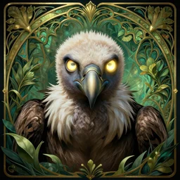 griffin vulture, sci fi, glowing eyes, volumetric lights, plant theme, art nouveau botanicals, intricate, highly detailed, digital painting, artstation, concept art, smooth, sharp focus, cinematic, illustration, beautiful face, art by h. r. giger and greg rutkowski and alphonse mucha, kentaro miura