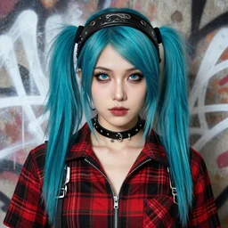 highly detailed closeup portrait of a sewer punk pretty female road warrior student, tartan garment, cyan hair pigtails with headband by atey ghailan, by greg rutkowski, by greg tocchini, by james gilleard, by joe fenton, by kaethe butcher, gradient red, black, brown and white color scheme, grunge aesthetic!!! white graffiti tag wall background