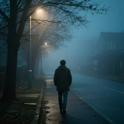 a man walking home alone at night, foggy, surreal