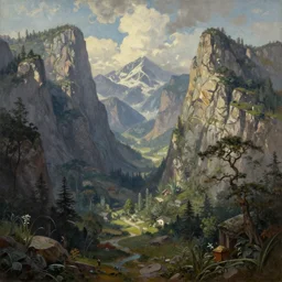 Realm between the two mountains, fantasy, oil painting, extra detailed