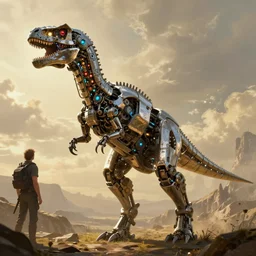 mechanical dinosaur, art by alex schomburg and syd mead, trending on artstation, bioluminescence rear view in the golden hour, stuckism, 4 k hd wallpaper, fantasy artist, gond painting
