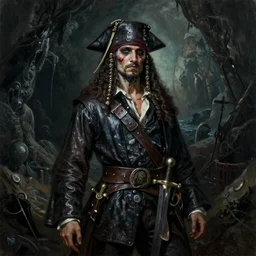 ultra realistic color portrait painting of an undead 1 7 th century pirate with a sword in a grotto, dark, painted, brooding, atmospheric, seascape, horror, smooth, epic, highly detailed, cinematic, by keith parkinson