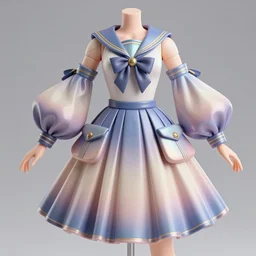 magical girl designer figure collection ball shaped accordion sleeve haute couture, sailor uniform, midi skirt, coat pleats, synthetic curves striking pose, dynamic folds, cute huge pockets hardware, volume flutter, youthful, modeled by modern designer bust, body fit, award fashion, gradient scheme, holographic tones, expert composition, high detail, professional retouch, editorial photography