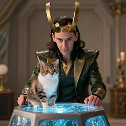high definition snapshot from a movie of loki with a cute cat sitting on the tesseract, 2 4 mm, photorealistic, photography, disney plus, loki, cute, professional photography, directed by wes anderson