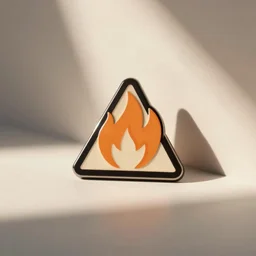 a photo of a retro minimalistic clean fire flame warning enamel pin, studio lighting, behance