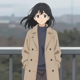 A cute manga girl wearing a stylish long coat in windy weather by Range Murata, black medium length Dutch bob cut hair with straight bangs, dark eyes, black and white charcoal sketch, Huke, krenz cushart, trending on artstation