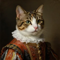 portrait of a beautiful cat wearing renaissance clothes. art by rubens, oilpainting, sharp focus, very detailed, hyper realistic, rich colors