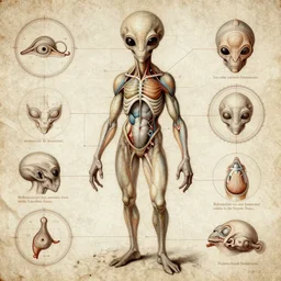 infographic anatomical sketch of an alien drawn by Leonardo Da Vinci, highly detailed