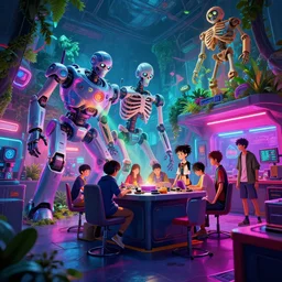 interior shot, ready player one, teenager hangout spot, scifi robot repair workshop, robot skeleton, neon lights, james gurney, katsuhiro otomo, james paick, cinematic lighting, artstation, vibrant nature, anime style, Craig Mullins, Greg Rutkowski, Pete Morbacher, Tuomas Korpi, tekkon kinreet, volumetric light, artstation, , octane render, redshift render, low angle camera