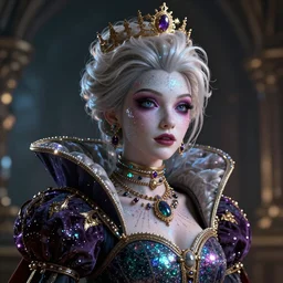 mad albino realistic queen covered in glitter, unreal engine octne, detailed,intrincate, realistic,8k, epic lights