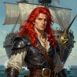 an epic fantasy comic book style portrait painting of a long haired, red headed male sky - pirate in front of an airship in the style of eve ventrue