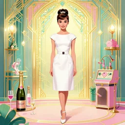 teenage audrey hepburn in art deco style, champagne commercial, artstation, illustration, bright, cheerful, detailed and intricate environment